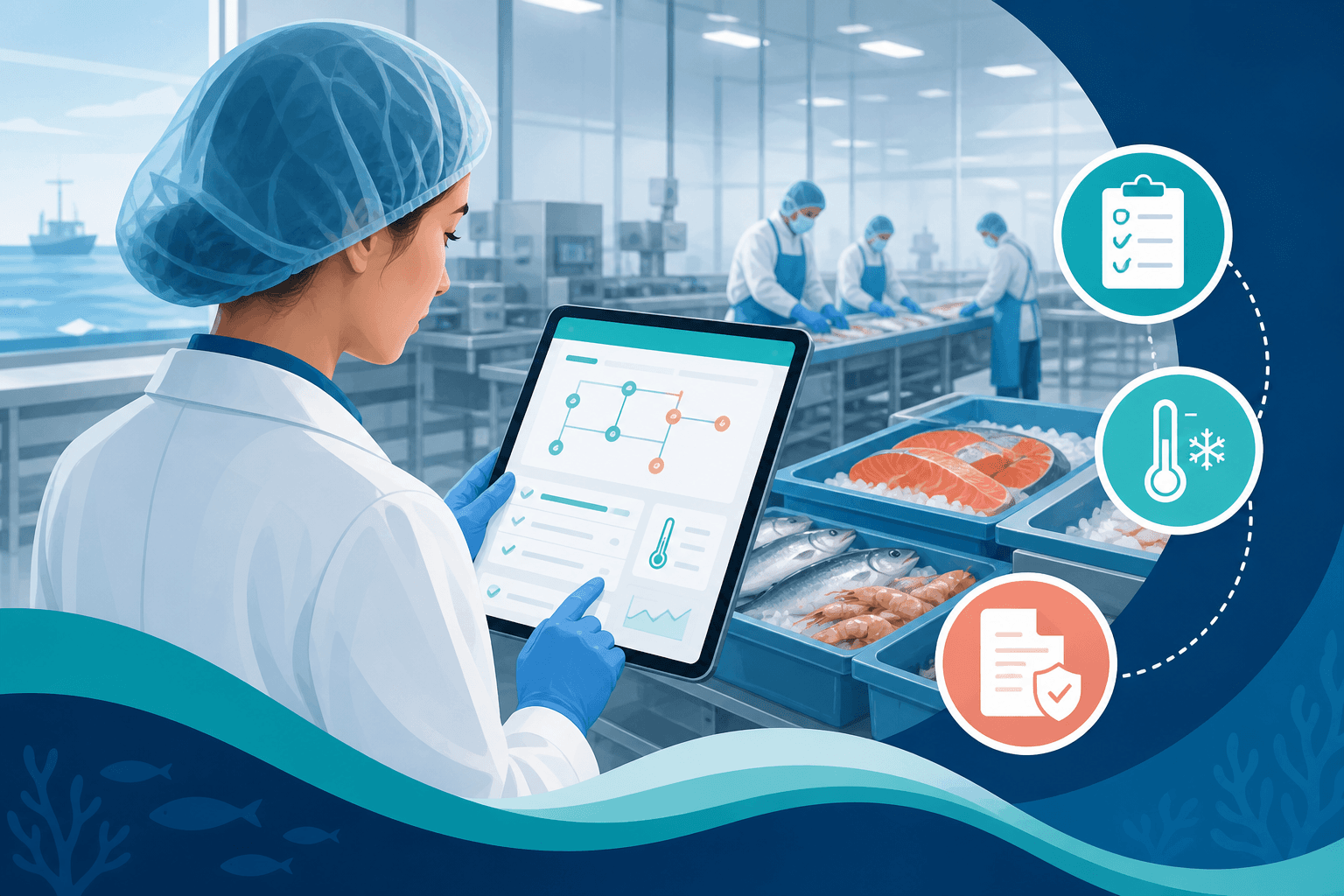 Food safety professional reviewing a digital HACCP plan in a seafood facility
